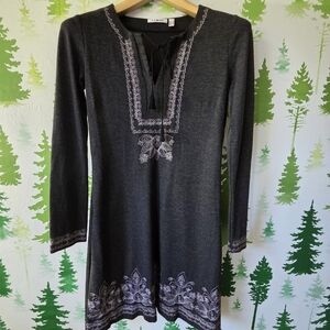 Soft Charcoal Embroidered Midi Dress with Lace Tie
